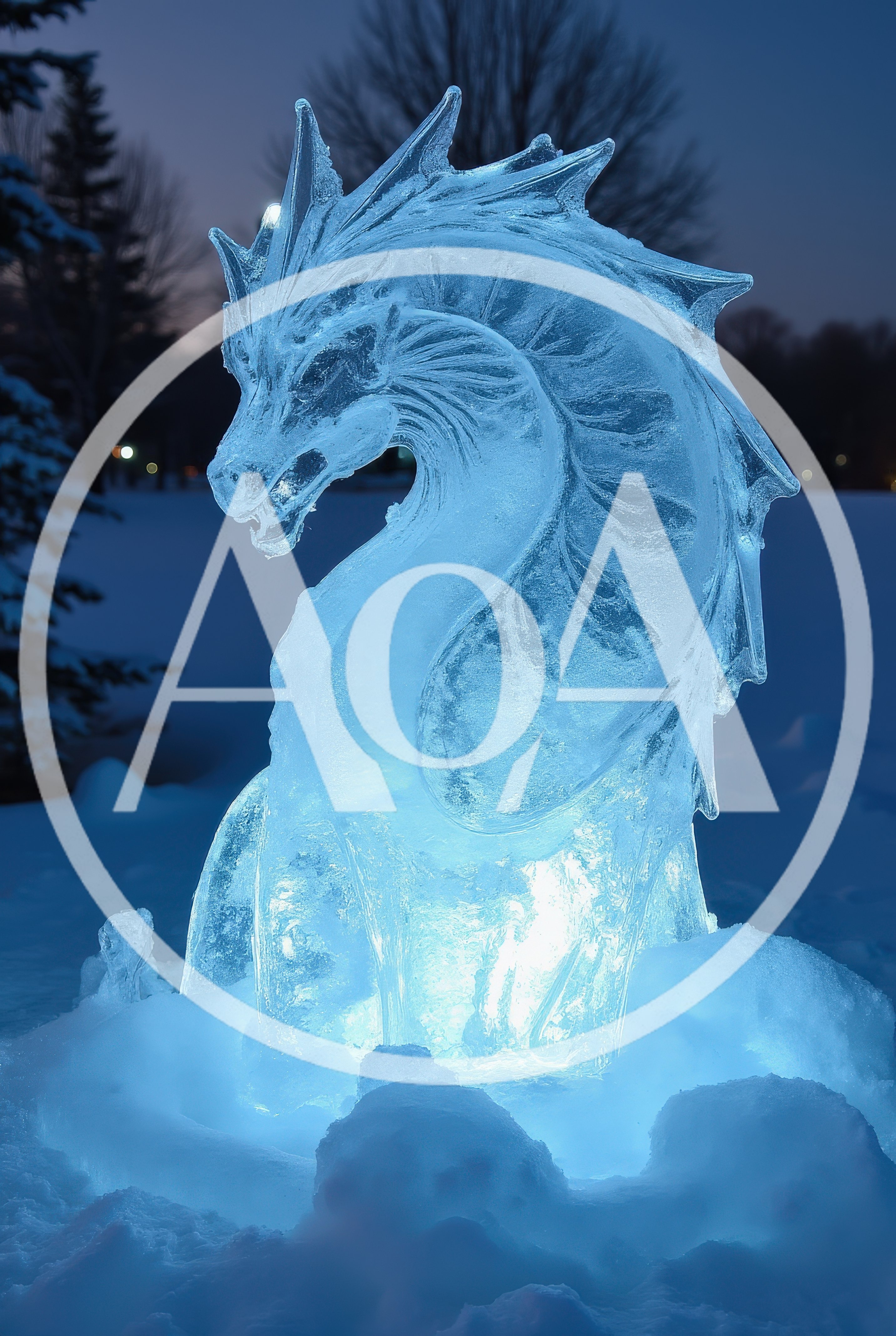 Illuminated Ice Dragon Sculpture In Snowy Park