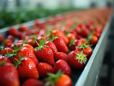 Fresh Red Strawberries Moving Along An Industrial Conveyor Belt