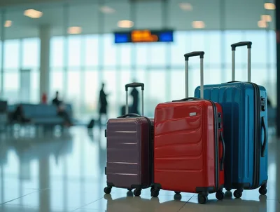 Three Colorful Suitcases Standing In An Airport Terminal