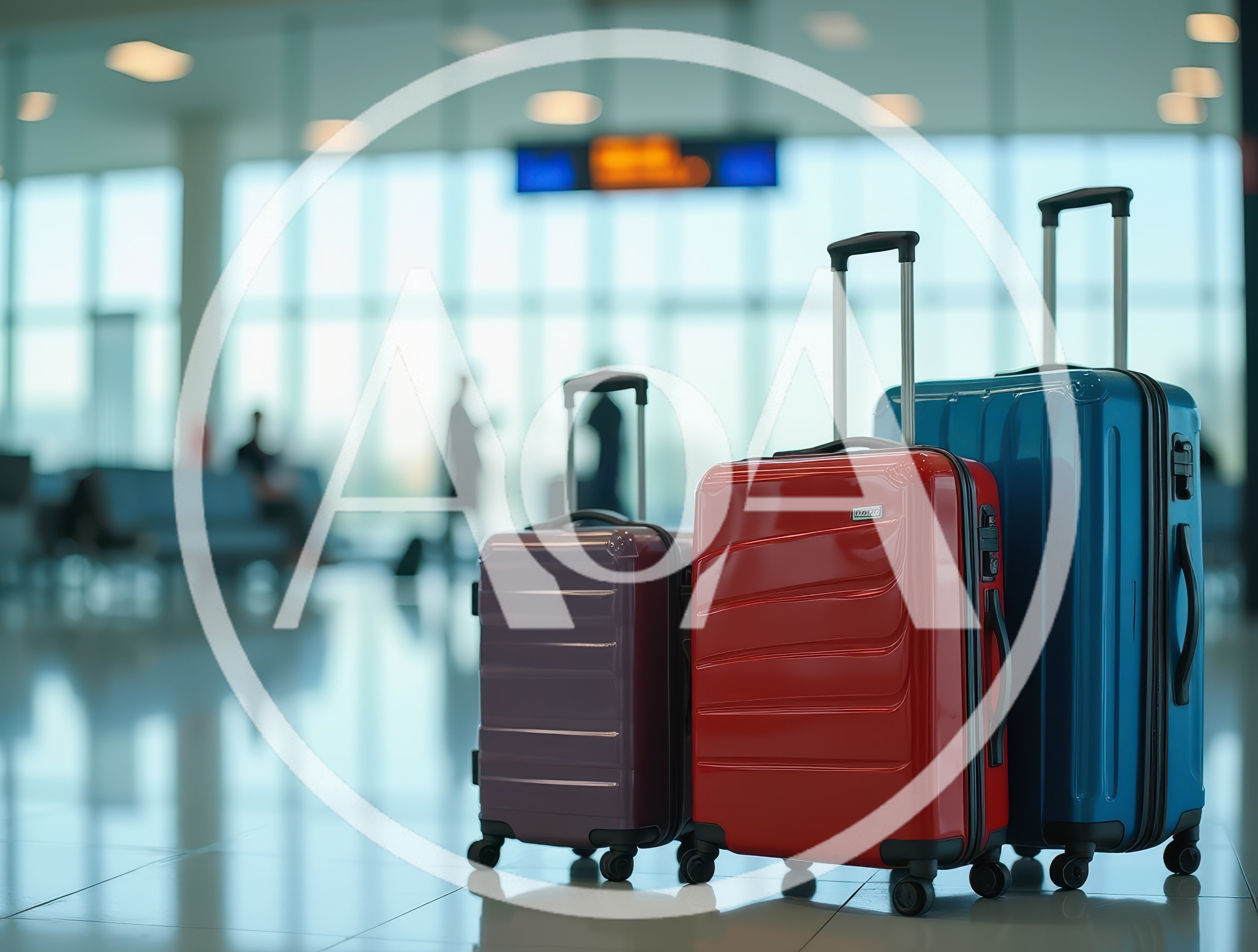 Three Colorful Suitcases Standing In An Airport Terminal