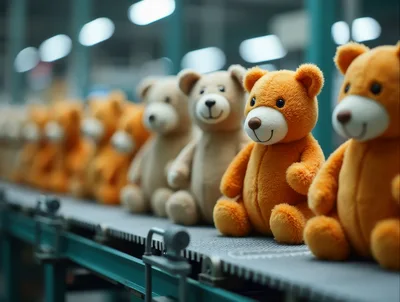 Teddy Bears Moving Along A Factory Assembly Line