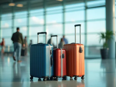 Three Colorful Suitcases Standing In An Airport Terminal