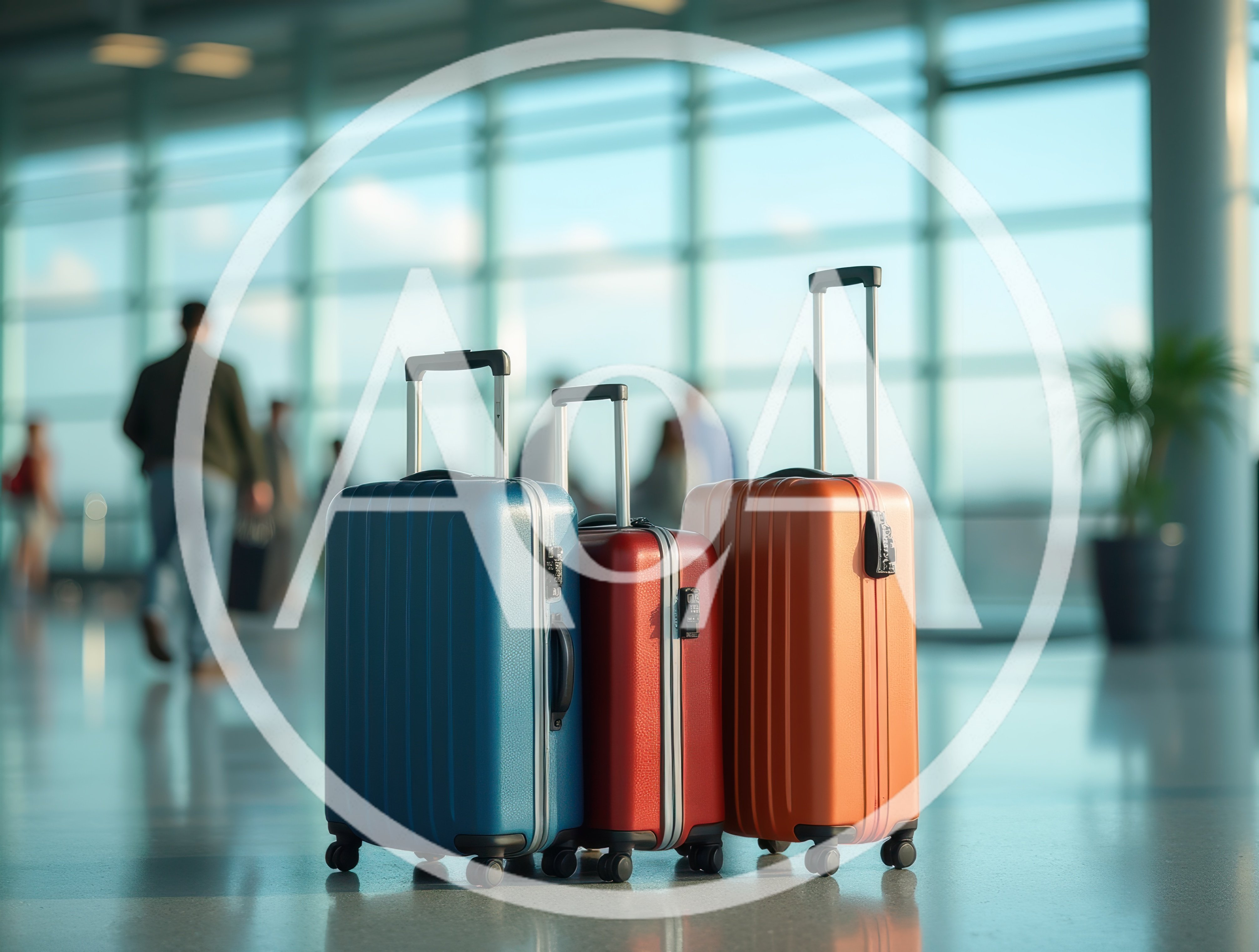 Three Colorful Suitcases Standing In An Airport Terminal