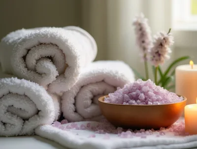 Spa Setting With Rolled Towels And Lavender Bath Salts