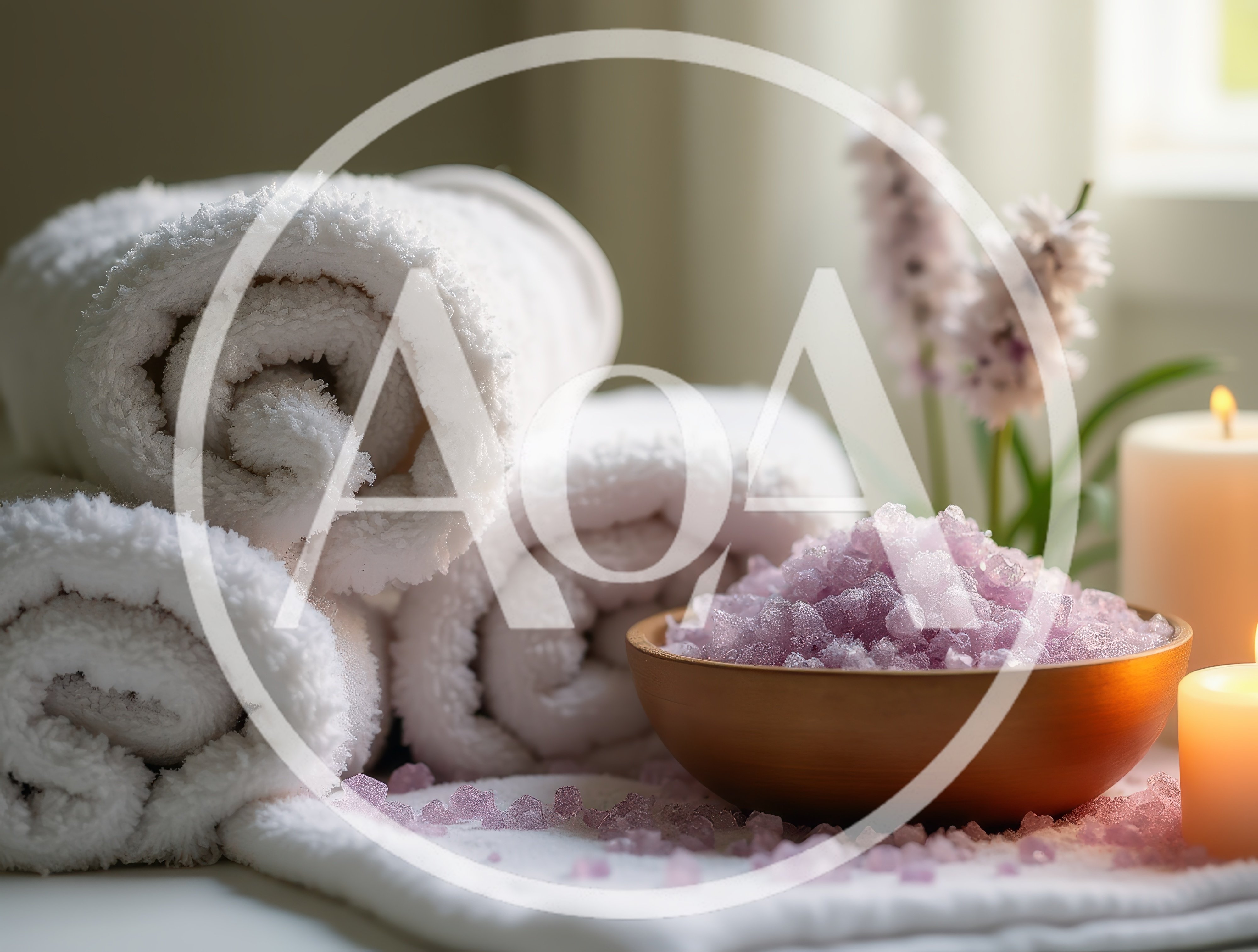 Spa Setting With Rolled Towels And Lavender Bath Salts