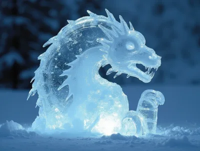 Illuminated Ice Dragon Sculpture In Snowy Landscape