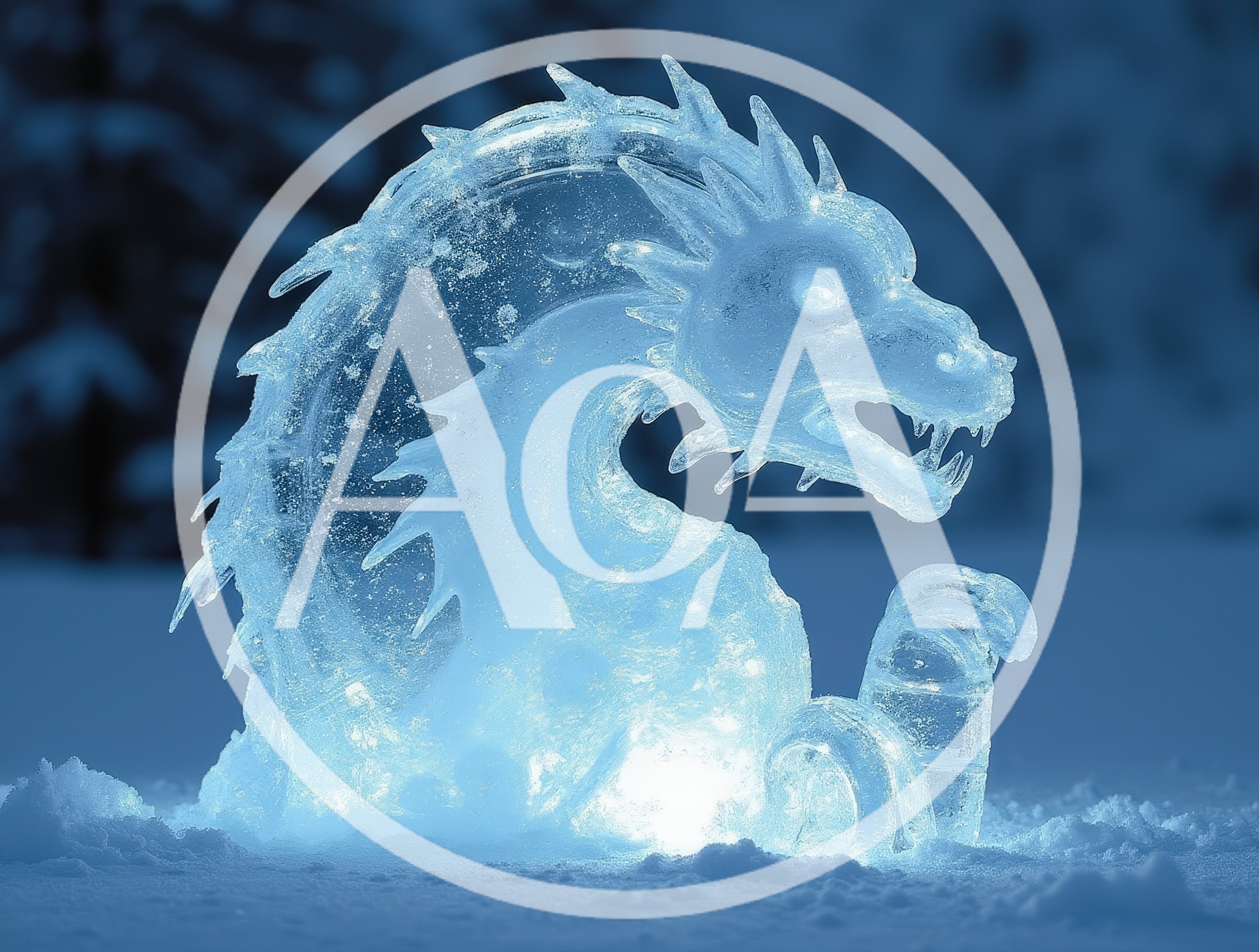 Illuminated Ice Dragon Sculpture In Snowy Landscape