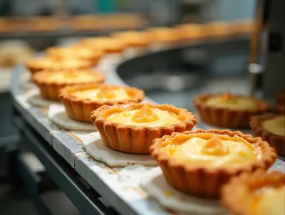 Fresh Custard Tarts Moving Along Industrial Conveyor Belt