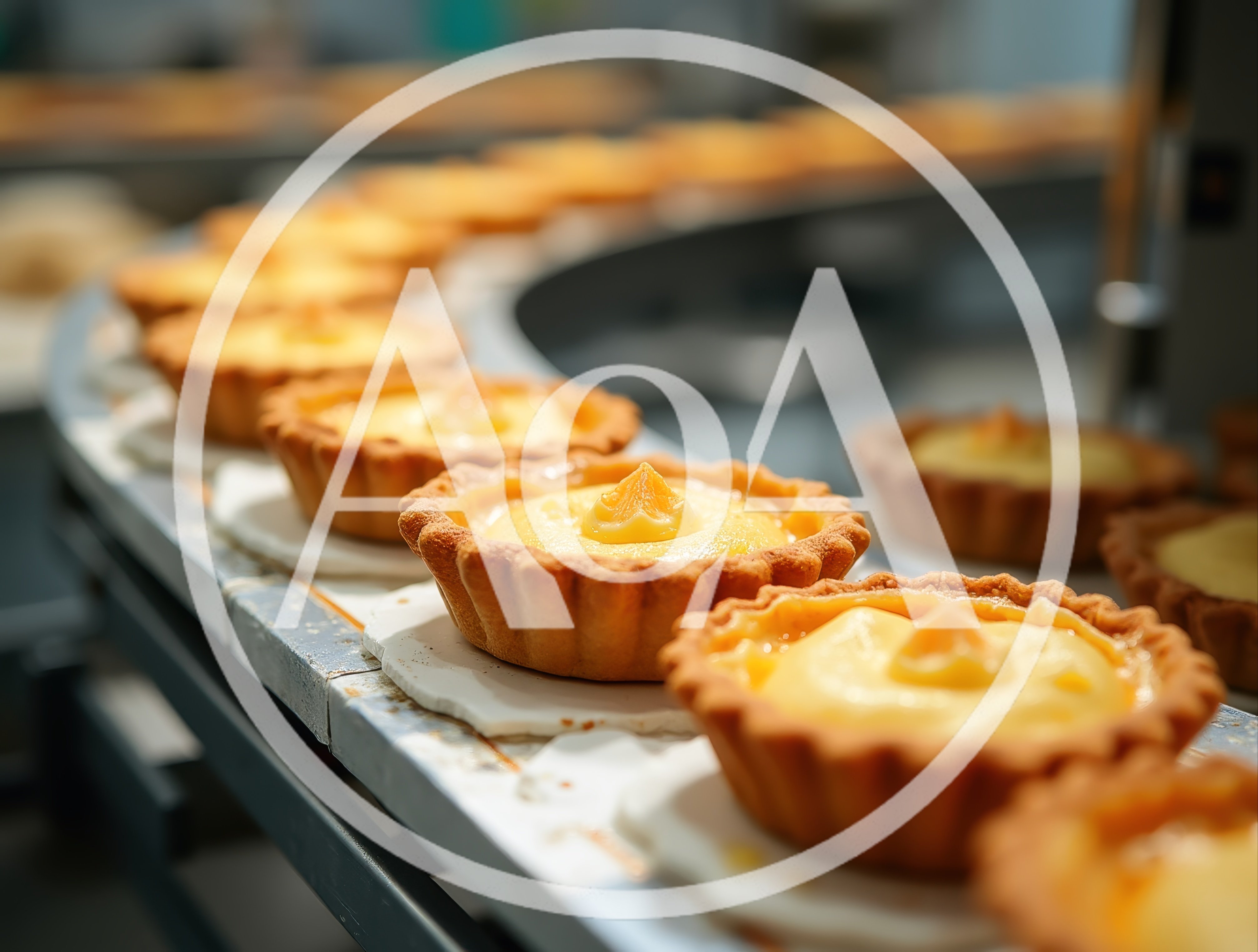 Fresh Custard Tarts Moving Along Industrial Conveyor Belt
