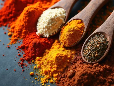 Wooden Spoons With Assorted Spices And Powders
