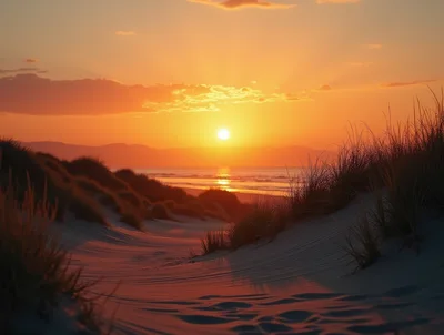 Golden Sunset Over Coastal Sand Dunes