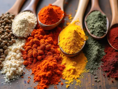 Assorted Colorful Spices In Wooden Spoons