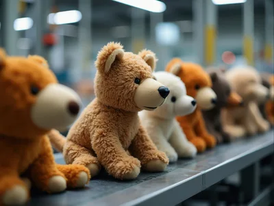 Teddy Bears Moving Along A Factory Assembly Line
