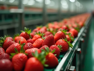 Fresh Strawberries Moving Along Industrial Conveyor Belt