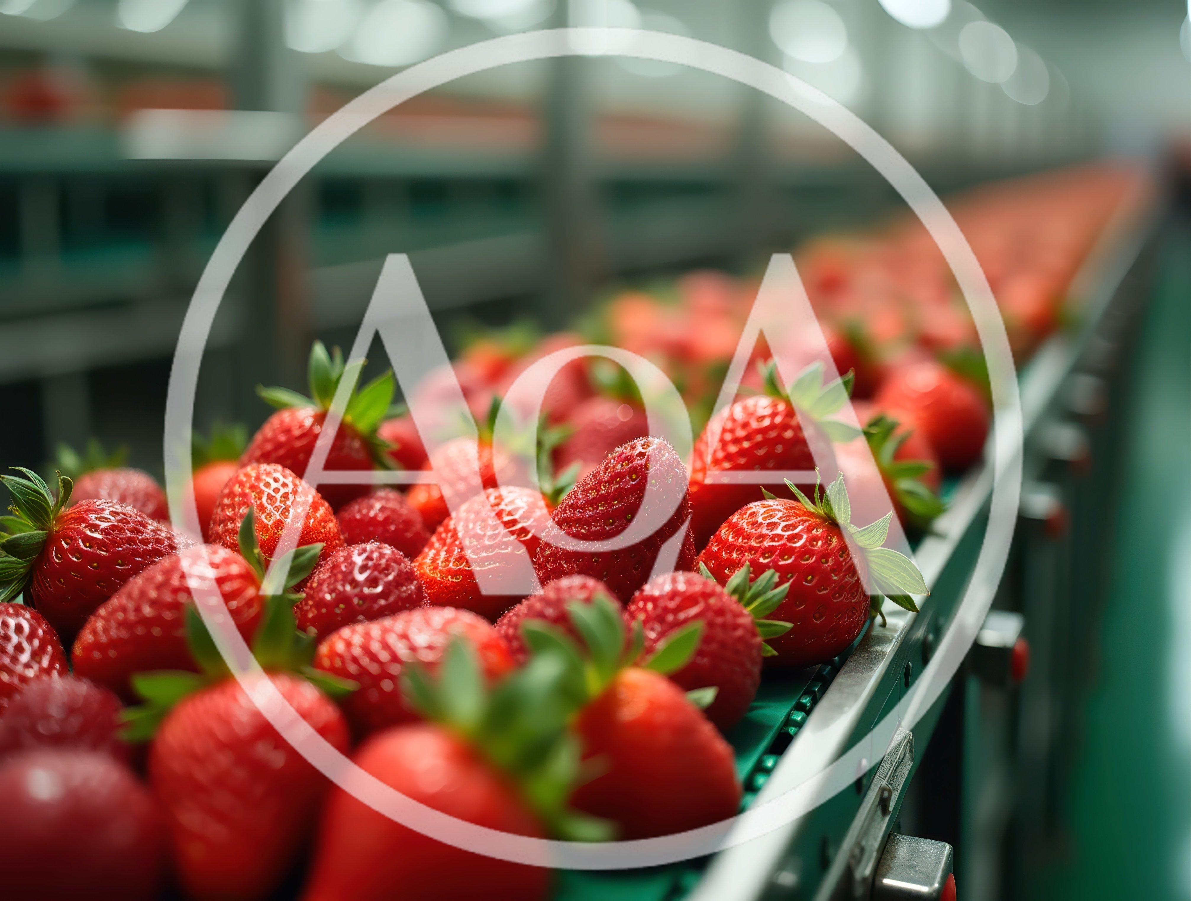 Fresh Strawberries Moving Along Industrial Conveyor Belt