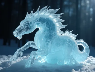 Intricate Ice Sculpture Of A Mythical Dragon Horse