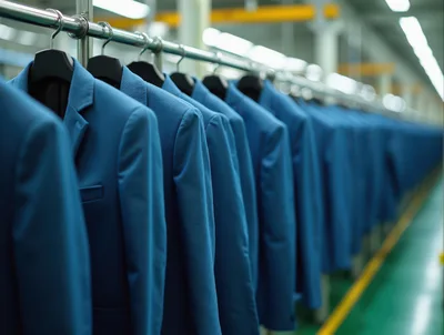 Rows Of Blue Suit Jackets On A Factory Rack