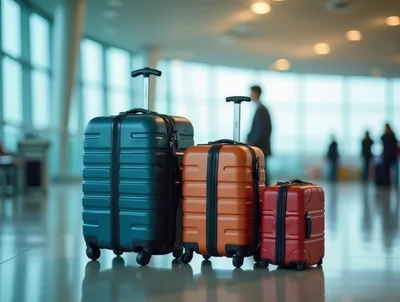 Three Colorful Suitcases Standing In An Airport Terminal