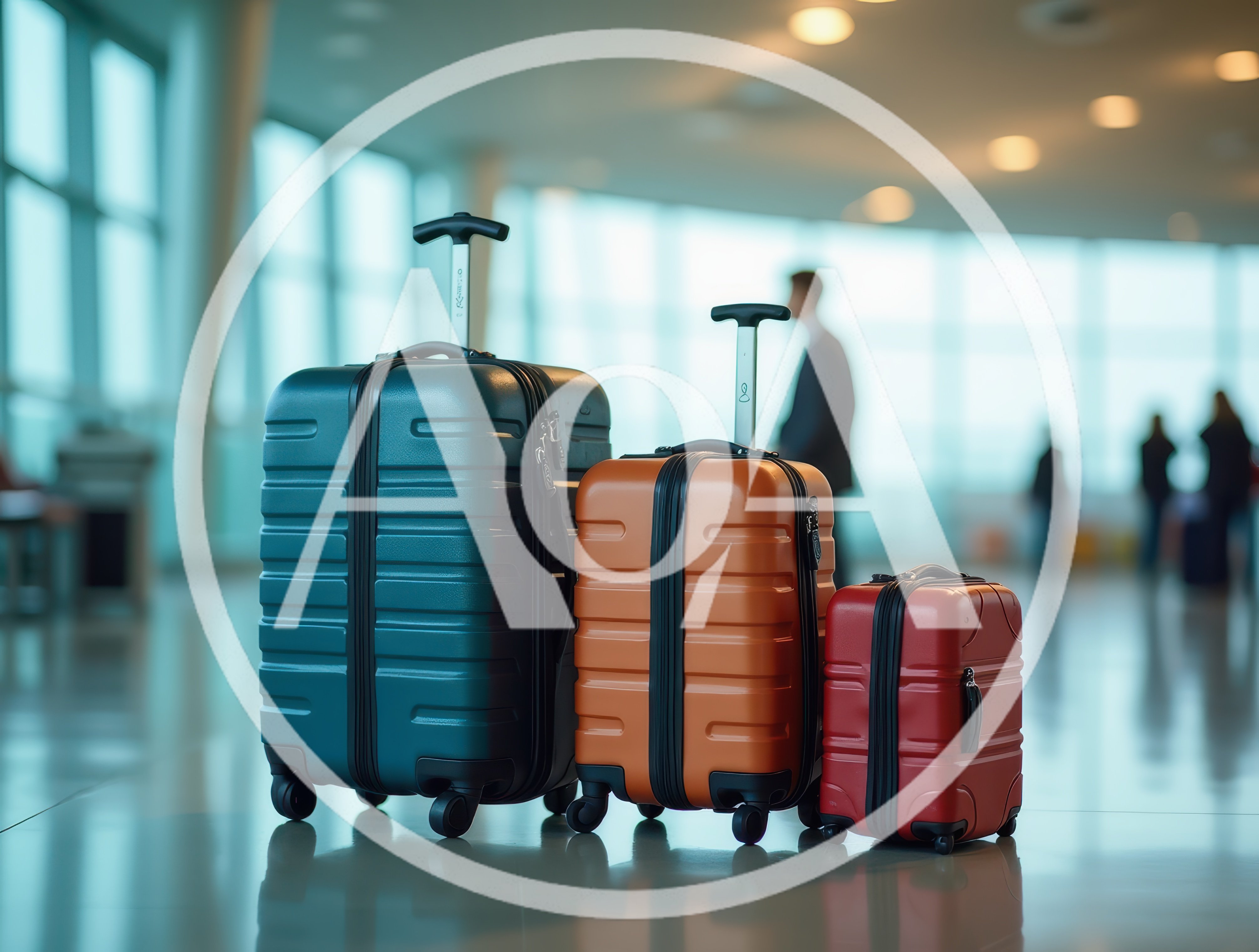 Three Colorful Suitcases Standing In An Airport Terminal