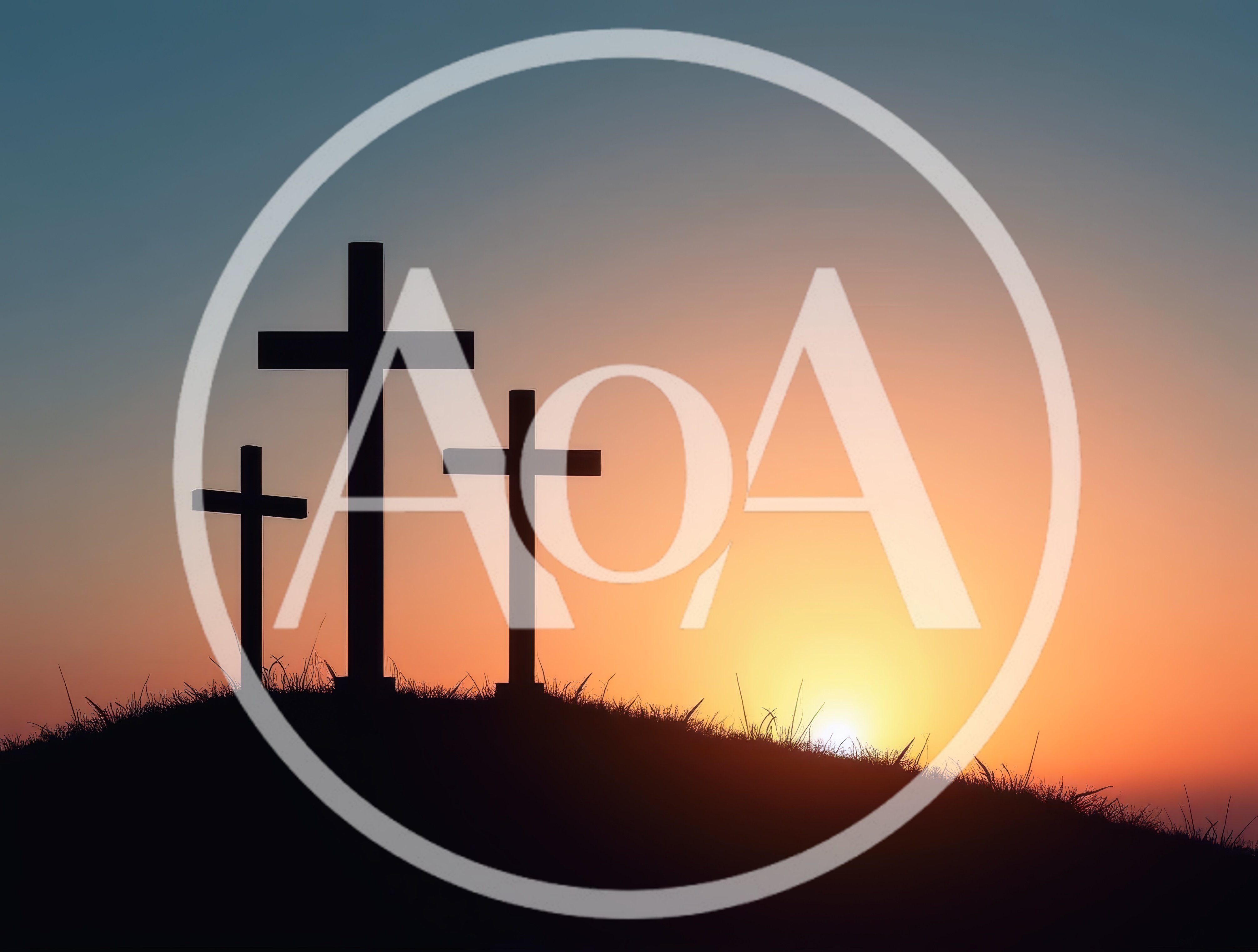 Three Christian Crosses Silhouetted Against A Sunset Sky