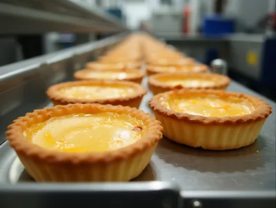 Freshly Baked Egg Tarts On A Commercial Conveyor Belt