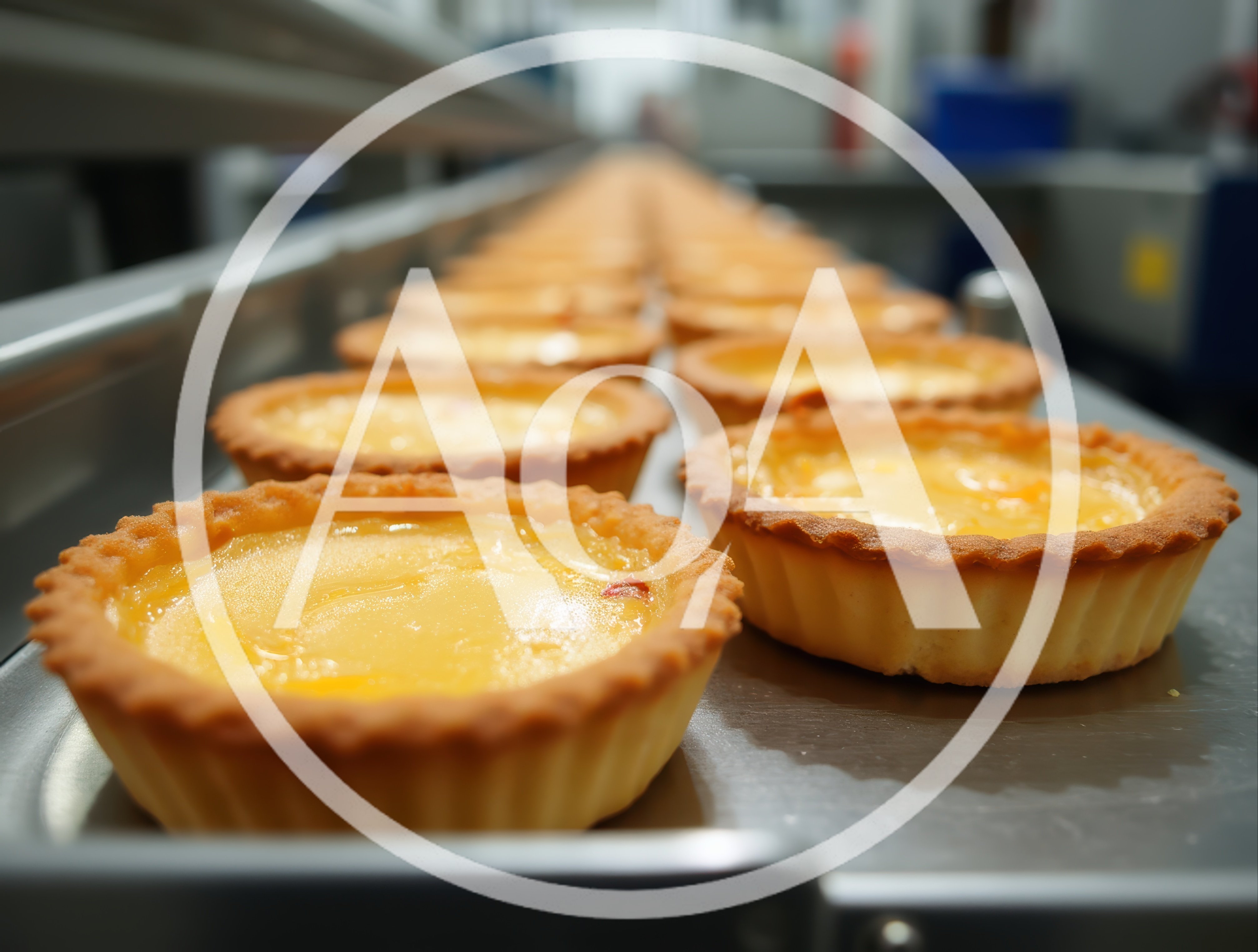 Freshly Baked Egg Tarts On A Commercial Conveyor Belt