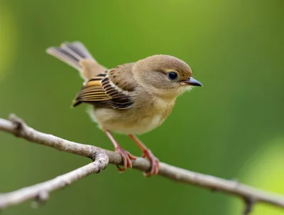 Small Brown Bird Perched on a Thin Tree Branch