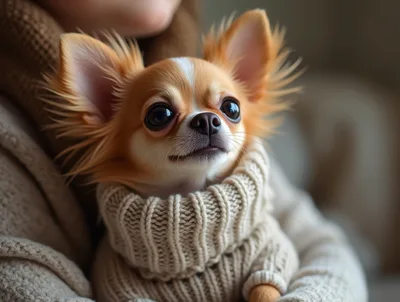 Small Chihuahua Puppy Wearing A Knitted Sweater