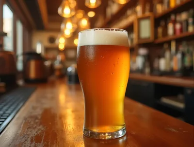 Cold Pint Of Beer On A Wooden Bar Counter