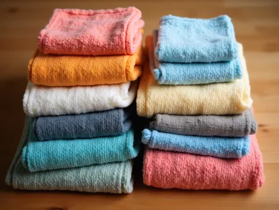 Two Stacks Of Folded Colorful Cotton Towels