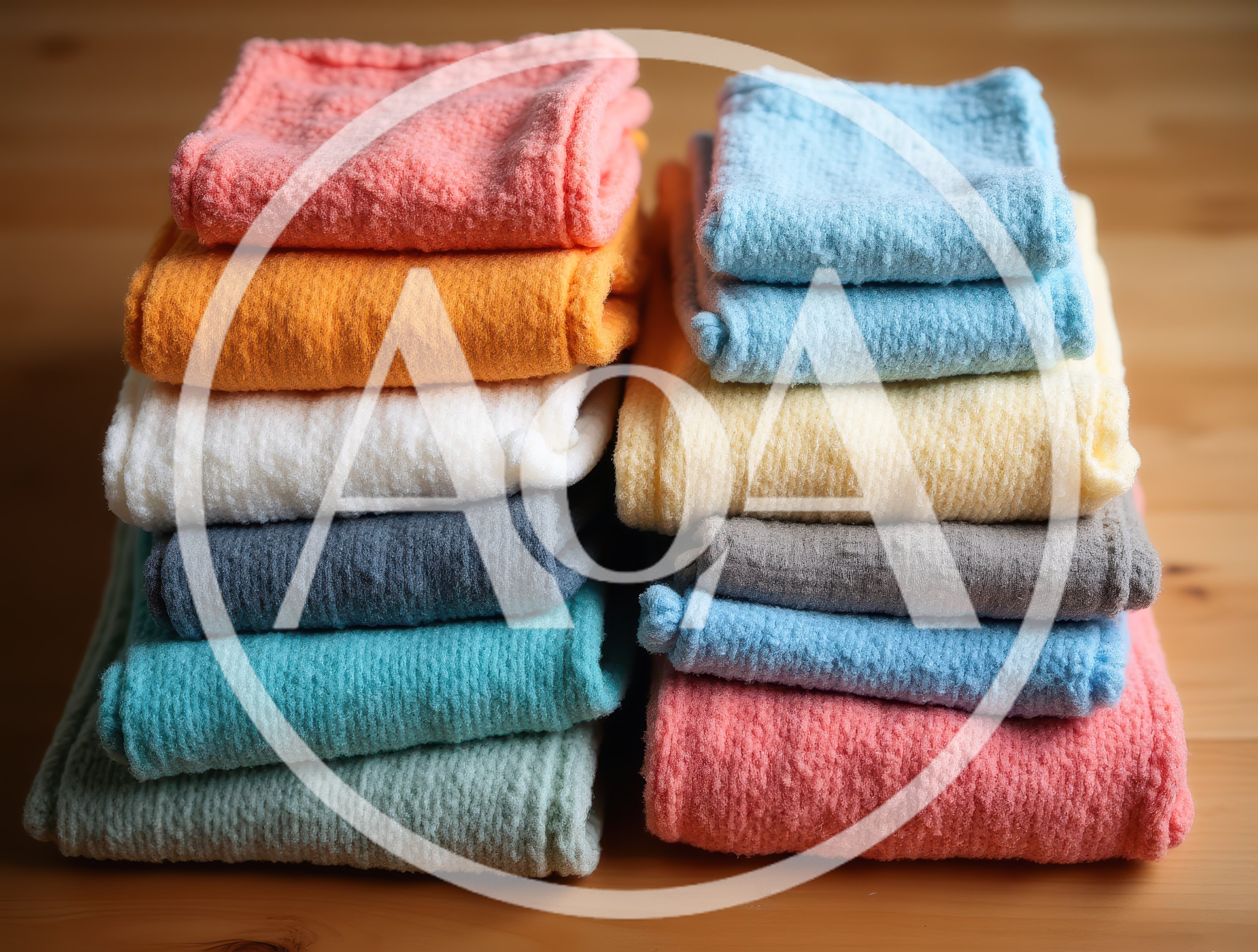 Two Stacks Of Folded Colorful Cotton Towels