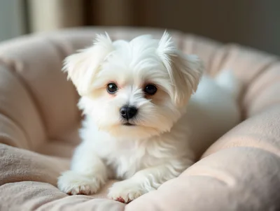 Adorable White Maltese Puppy Resting In A Soft Bed