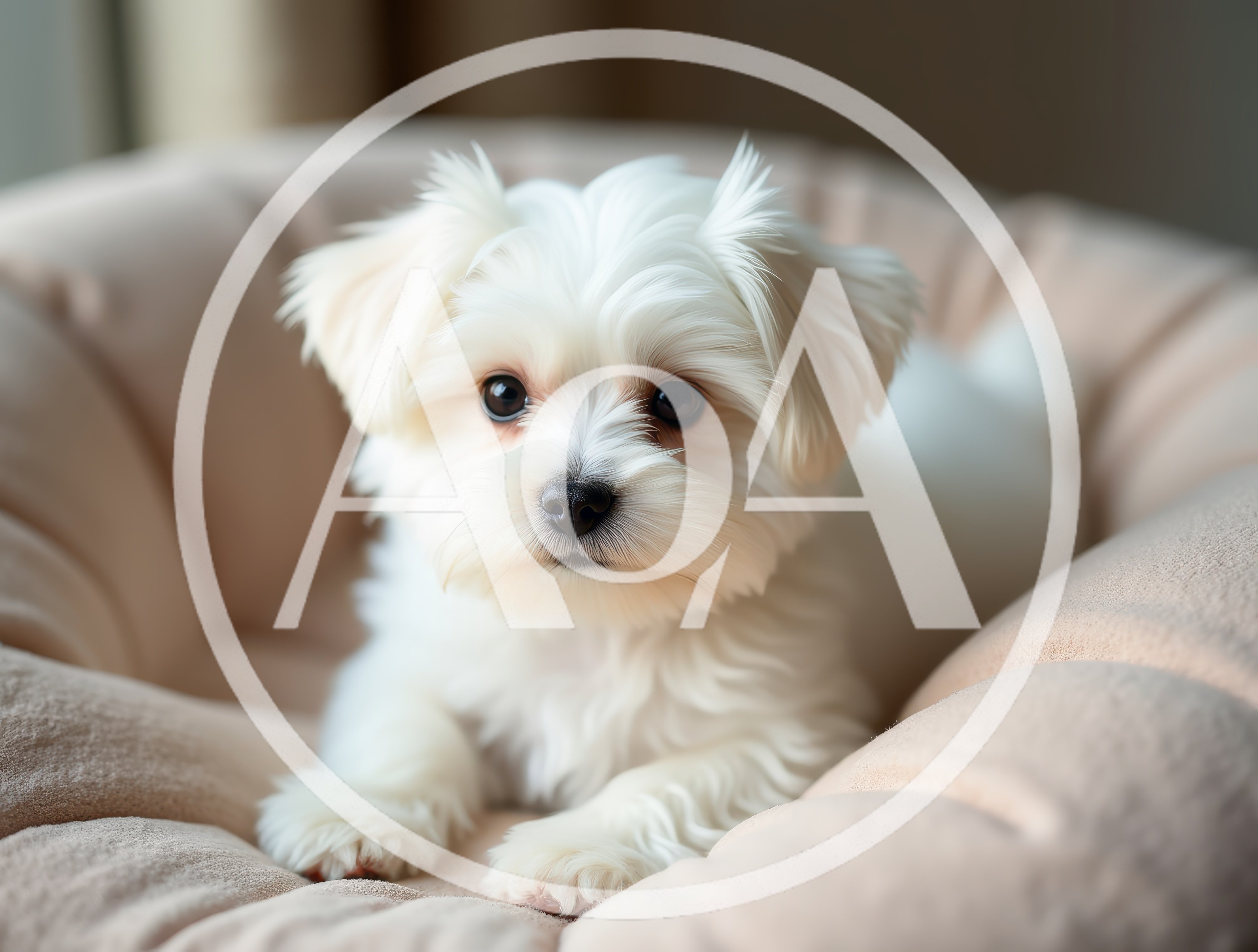 Adorable White Maltese Puppy Resting In A Soft Bed