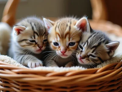Three Adorable Tabby Kittens Resting In A Wicker Basket