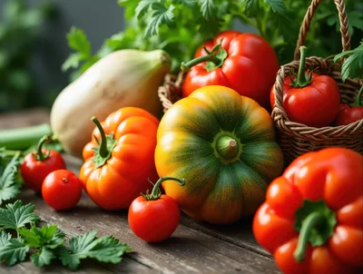 Fresh Harvest Vegetables On A Rustic Wooden Table
