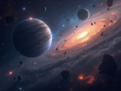 Large Planet Orbiting A Glowing Spiral Galaxy