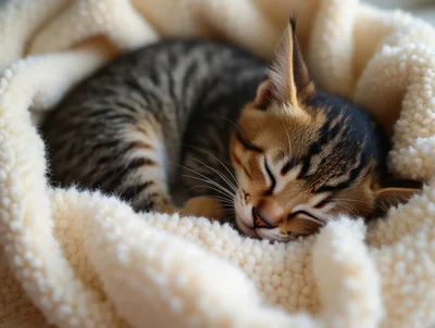 Adorable Tabby Kitten Sleeping On A Soft Blanket