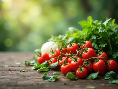 Fresh Cherry Tomatoes And Herbs On Wooden Table