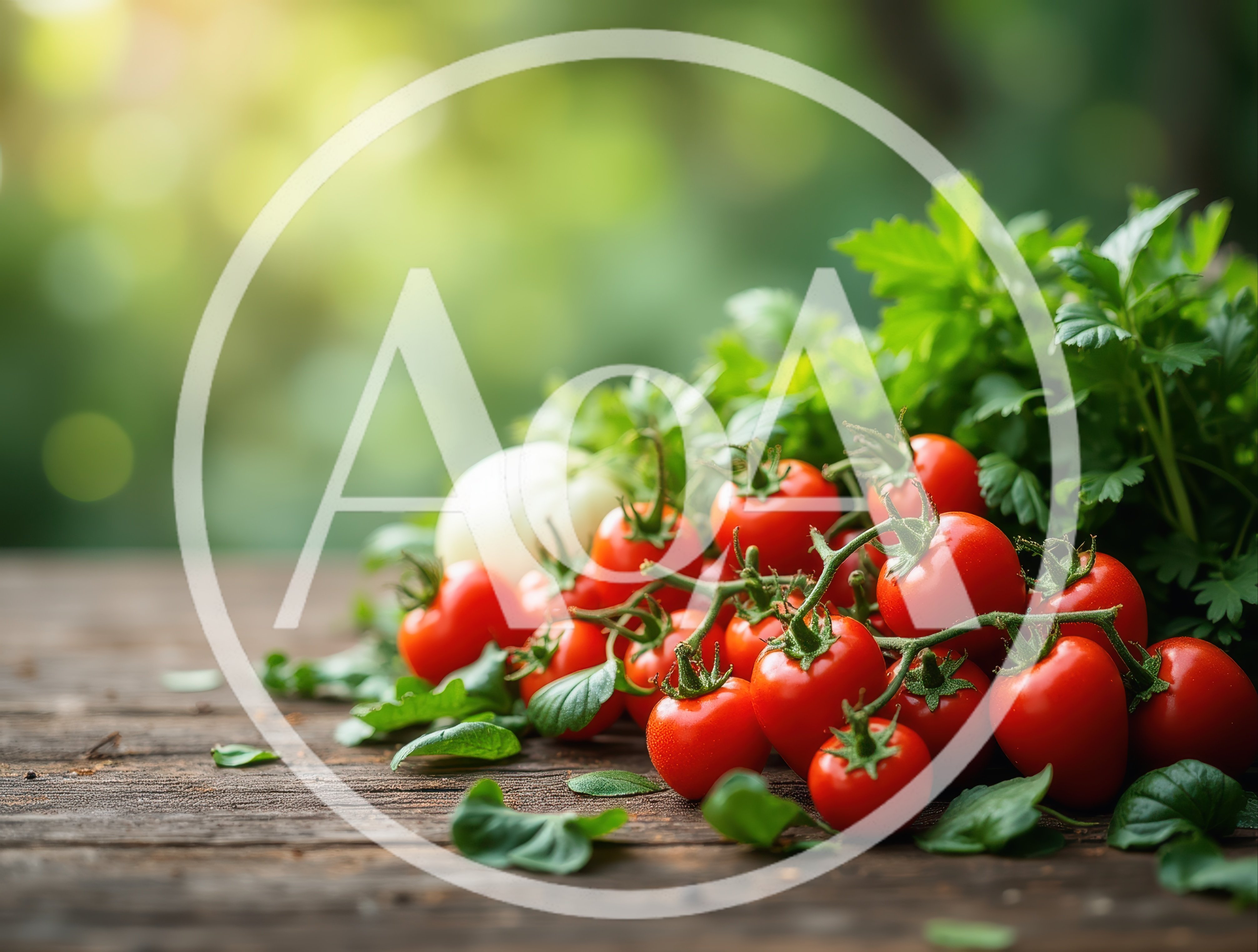 Fresh Cherry Tomatoes And Herbs On Wooden Table