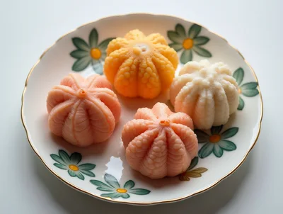 Four Decorative Japanese Wagashi Sweets on Floral Plate