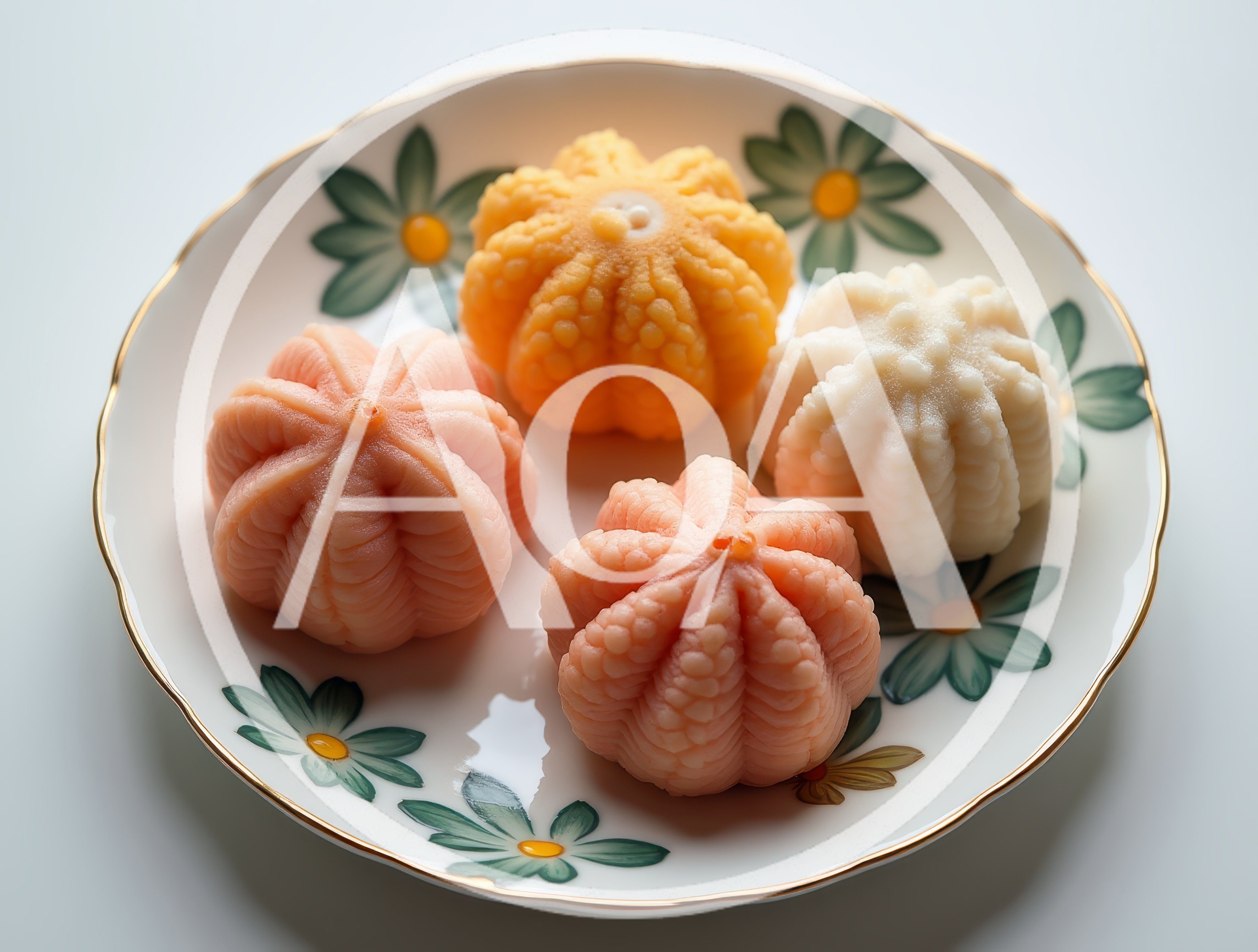 Four Decorative Japanese Wagashi Sweets on Floral Plate
