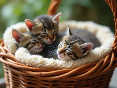 Three Sleeping Tabby Kittens In A Woven Basket