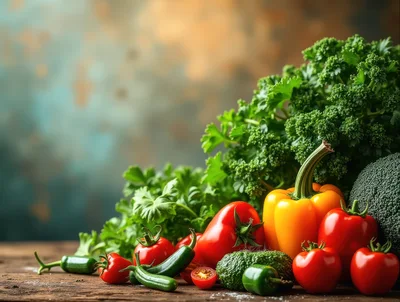 Fresh Assorted Vegetables On A Rustic Wooden Table