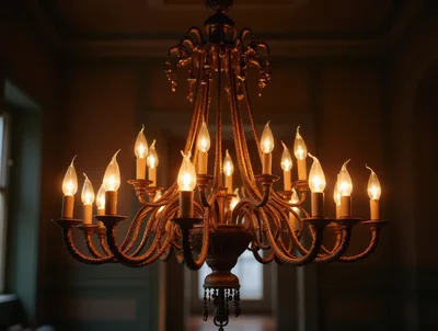 Ornate Antique Chandelier With Glowing Candle Bulbs