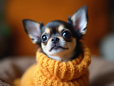 Adorable Chihuahua Puppy Wearing A Cozy Orange Knitted Sweater