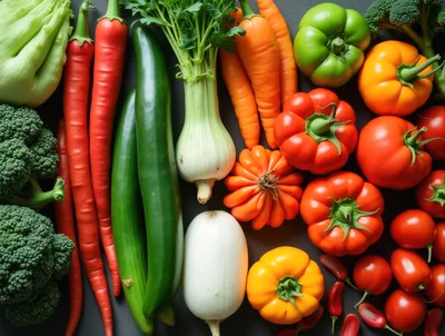 Fresh Assorted Vegetables Arranged On Dark Background