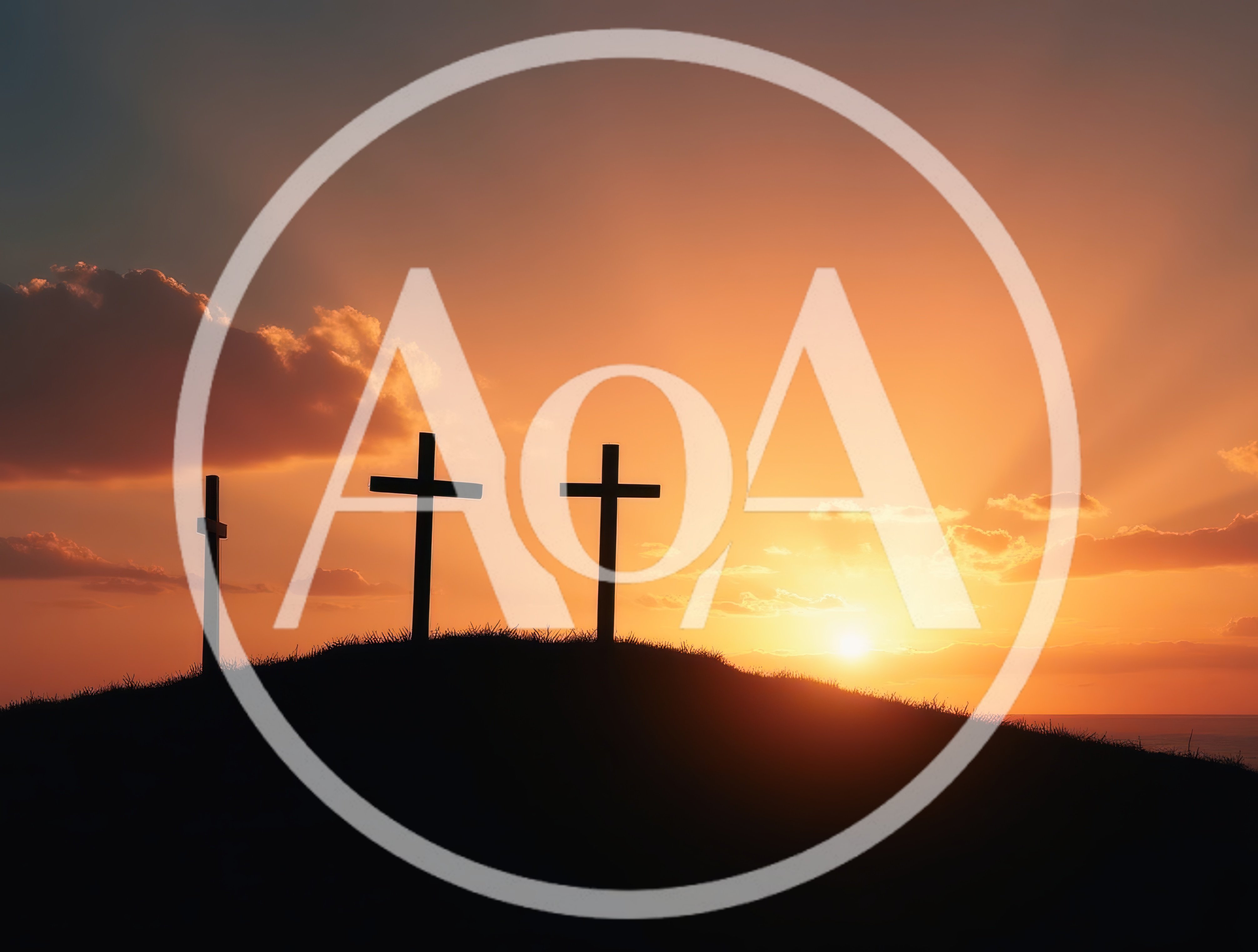 Three Wooden Crosses Silhouetted Against A Vibrant Sunset