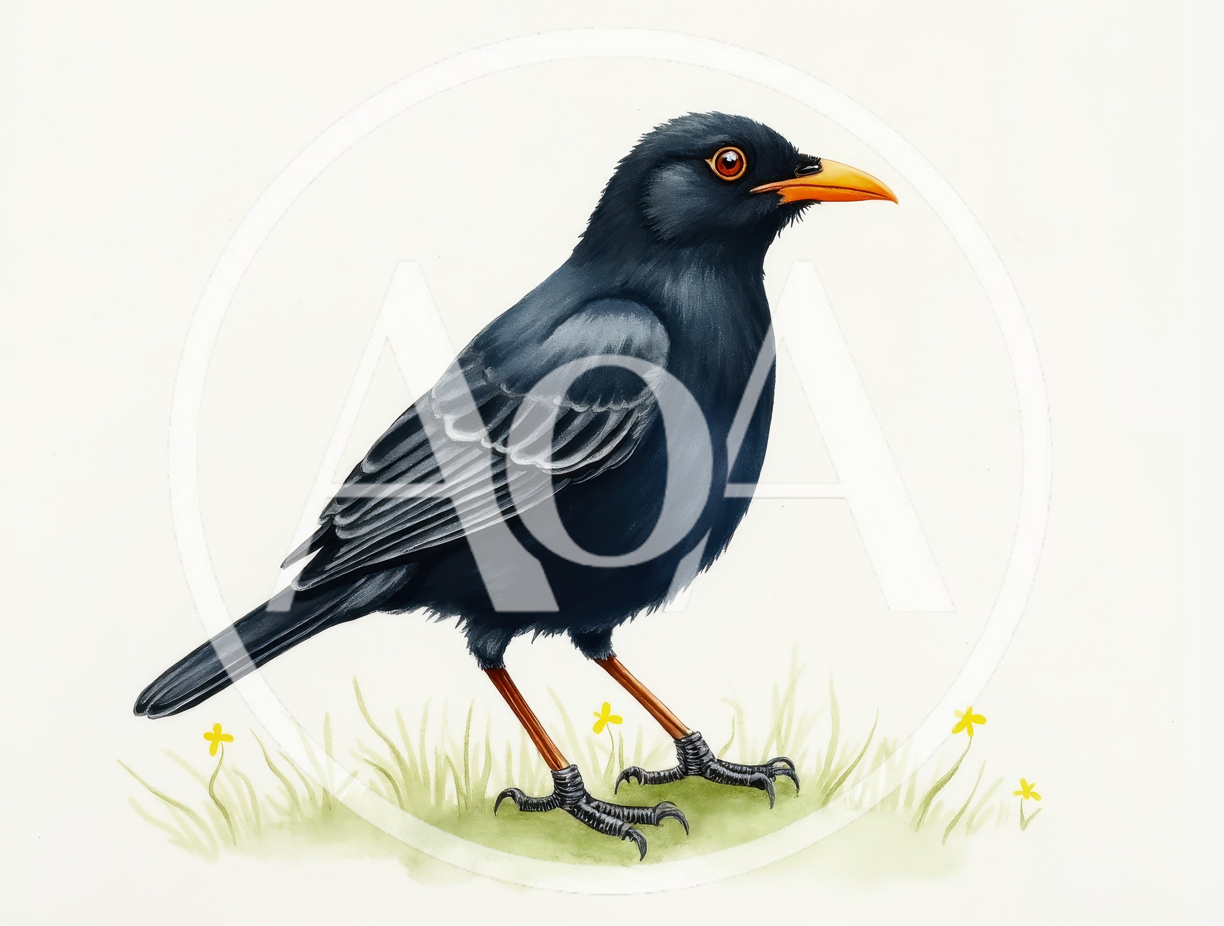 Illustration Of A Blackbird Standing On Grass