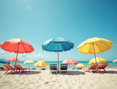 Colorful Beach Umbrellas And Lounge Chairs On Tropical Shore