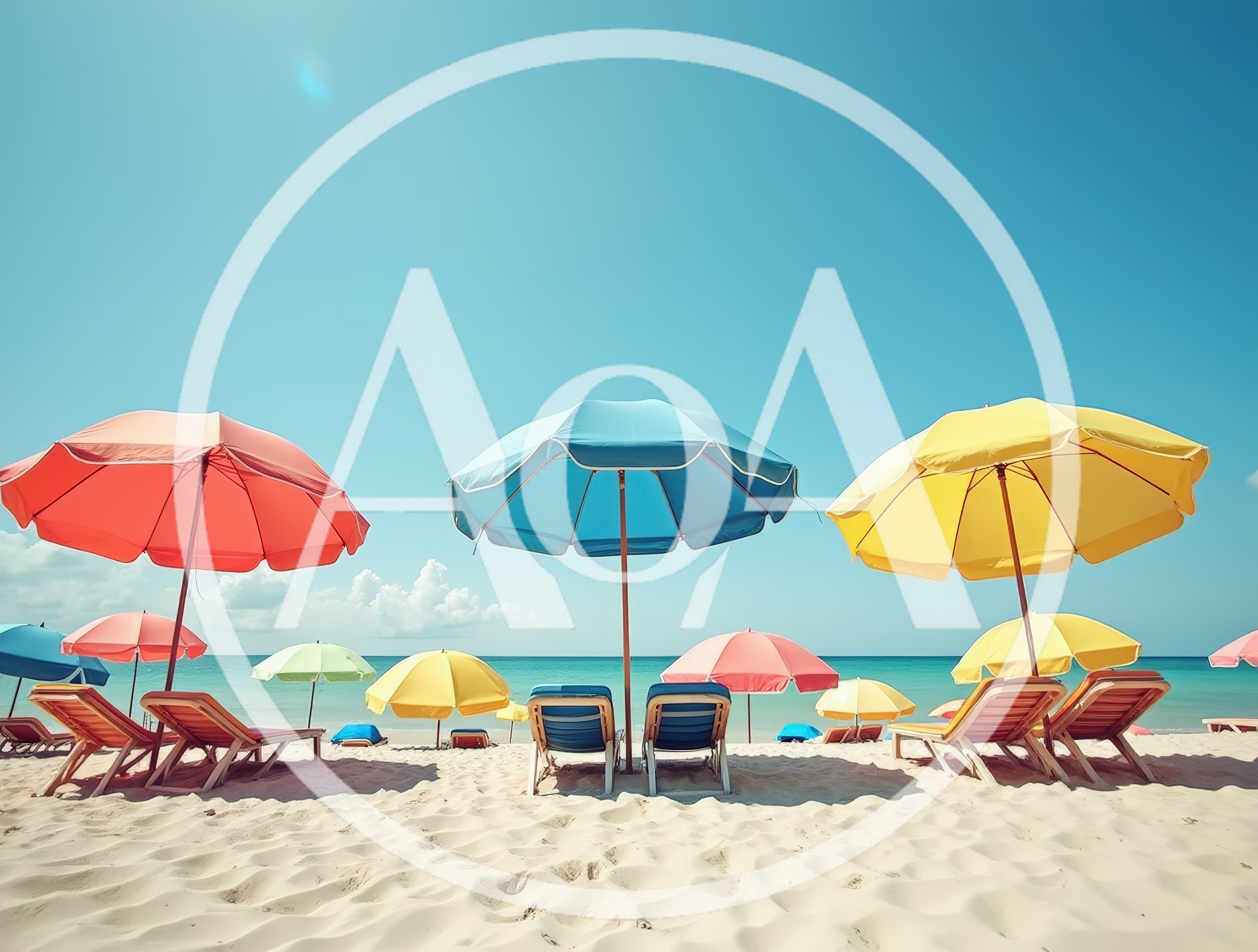 Colorful Beach Umbrellas And Lounge Chairs On Tropical Shore